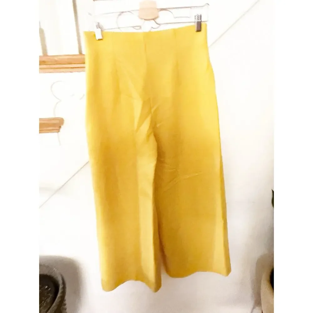 Zara High Waisted Wide Leg Cropped Pants Yellow Side Zip Trouser Size M - Picture 6 of 8